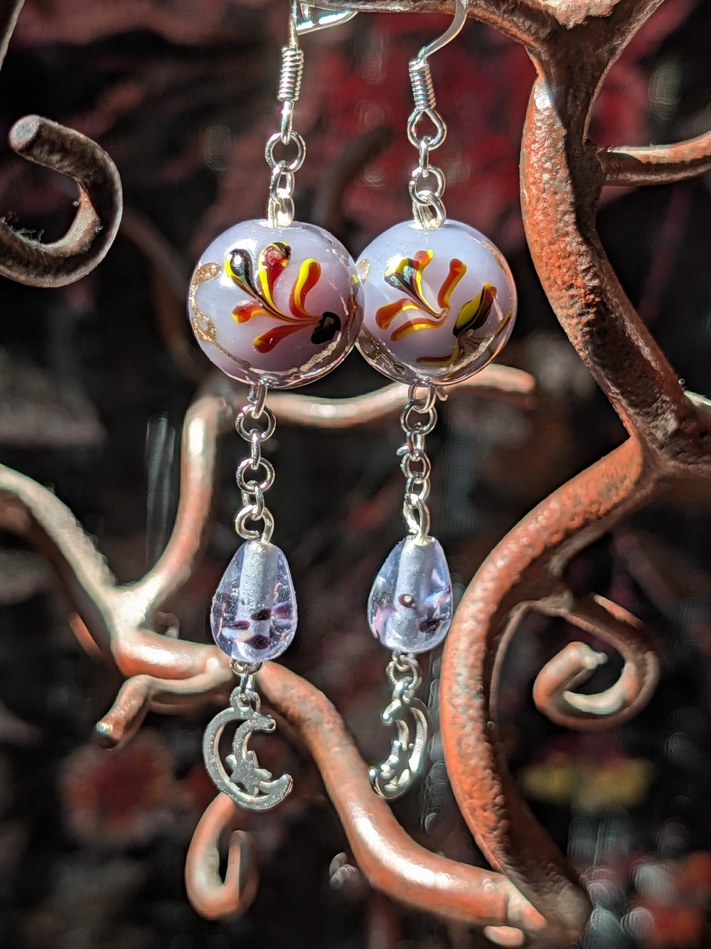 Swirly Fern Purple Teardrop Dangly Chain Handmade Earrings